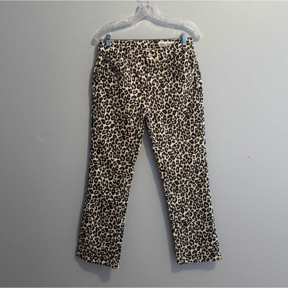 Zara Women's Size 6 Leopard Print Bootcut High Rise Jeans Animal Print Cropped - Picture 3 of 16